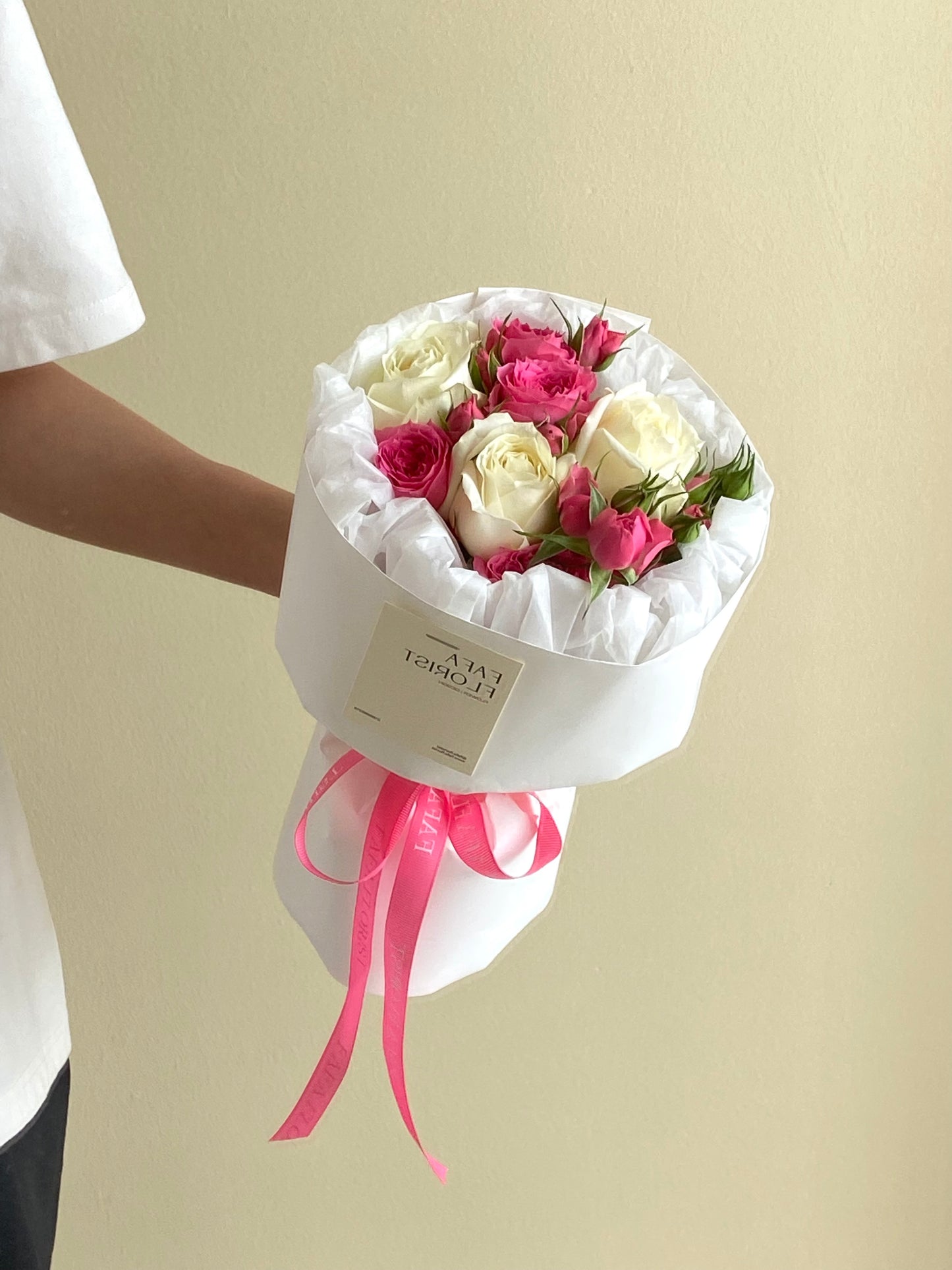 Petite White Rose & Mini Hot Pink Rose